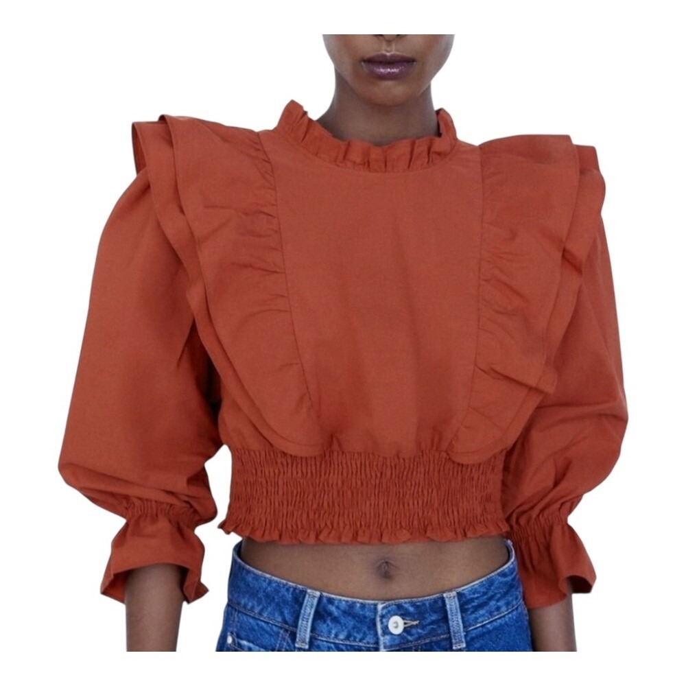 Zara Ruffle Blouse Womens Small Rust Orange Smocked Waist Puff Sleeve NWT New